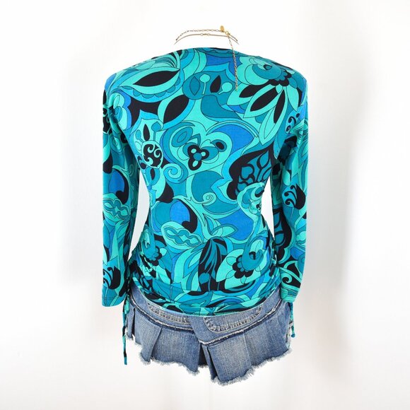 VTG 00s Y2K A. Byer Teal & Black Abstract Floral Paisley 3/4 Quarter Sleeve Top - Picture 3 of 8